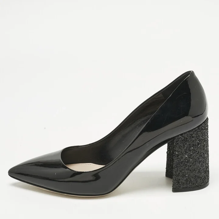 Miu Miu Black Patent Leather Glitter Heel Pointed Toe Pumps Size 39