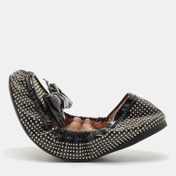 Miu Miu Black Patent Leather Studded Bow Scrunch Ballet Flats Size 38.5