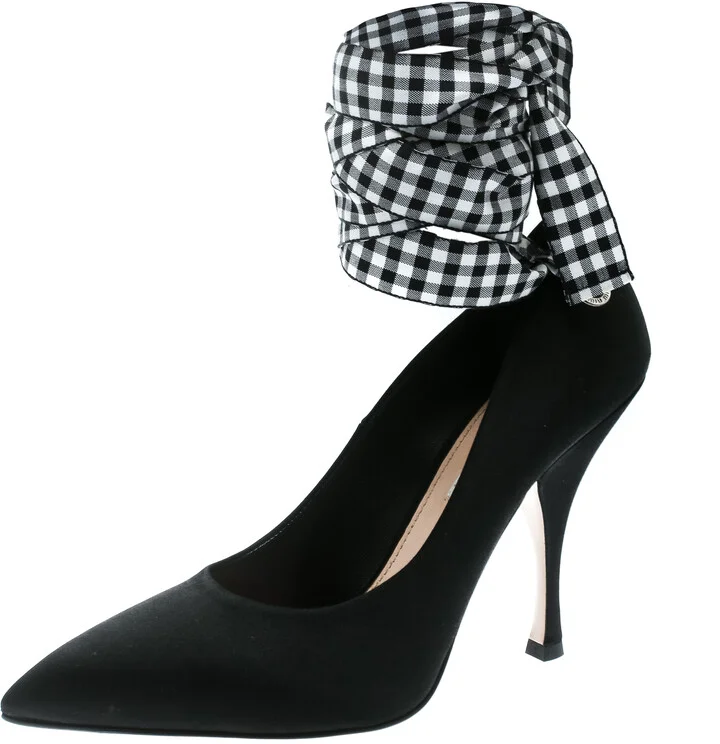 Miu Miu Black Satin Ankle Wrap Pointed Toe Pumps Size 36.5