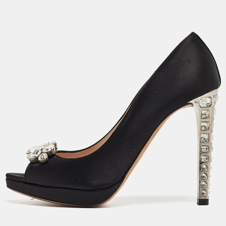 Miu Miu Black Satin Crystal Embellished Open Toe Pumps Size 40.5