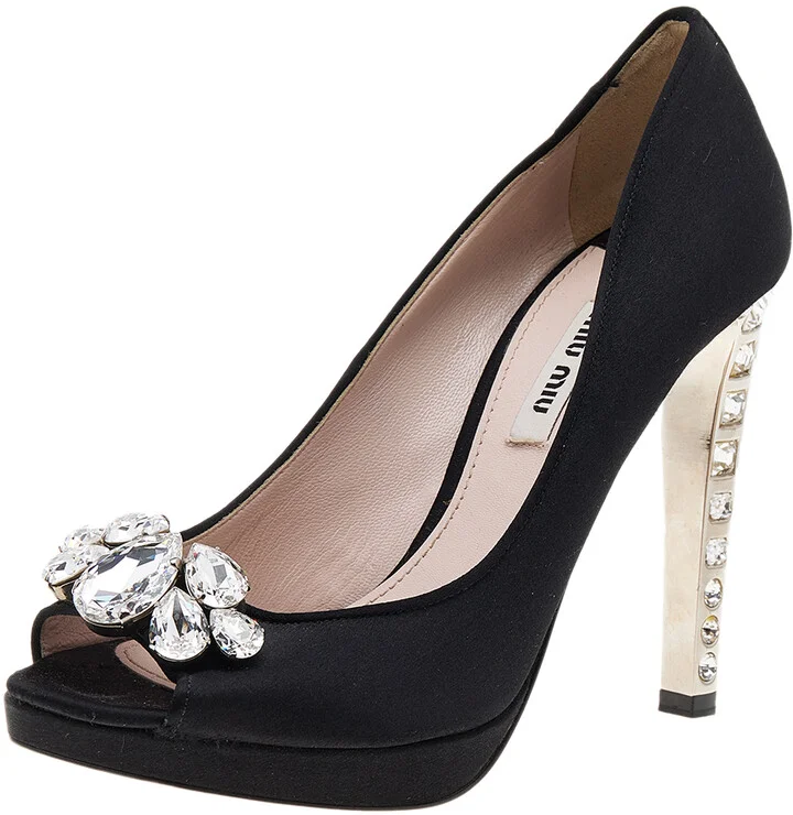 Miu Miu Black Satin Crystal Embellished Peep Toe Pumps Size 37.5