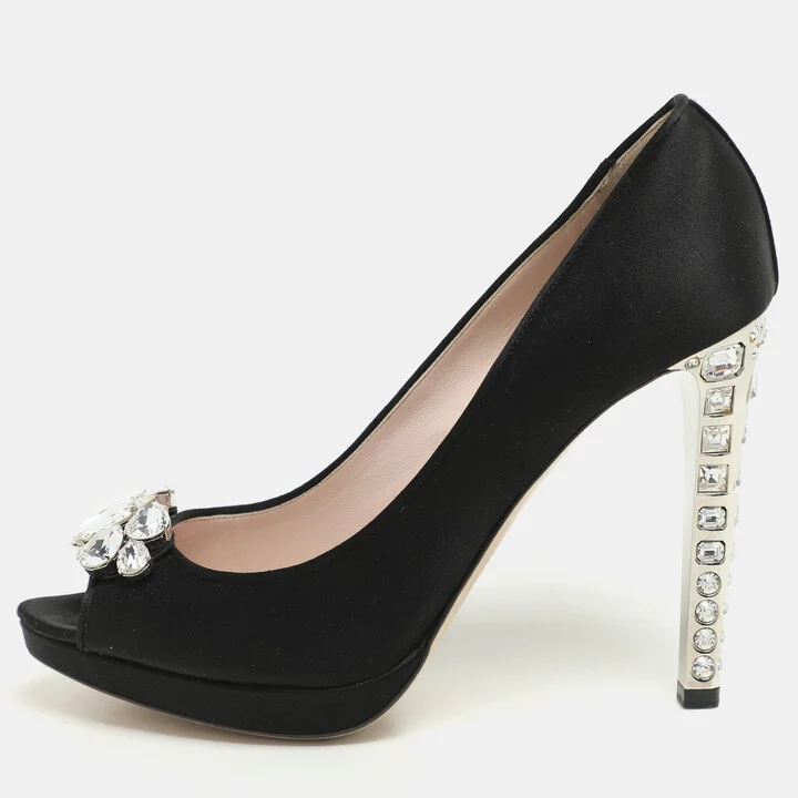 Miu Miu Black Satin Crystal Embellished Peep Toe Pumps Size 40