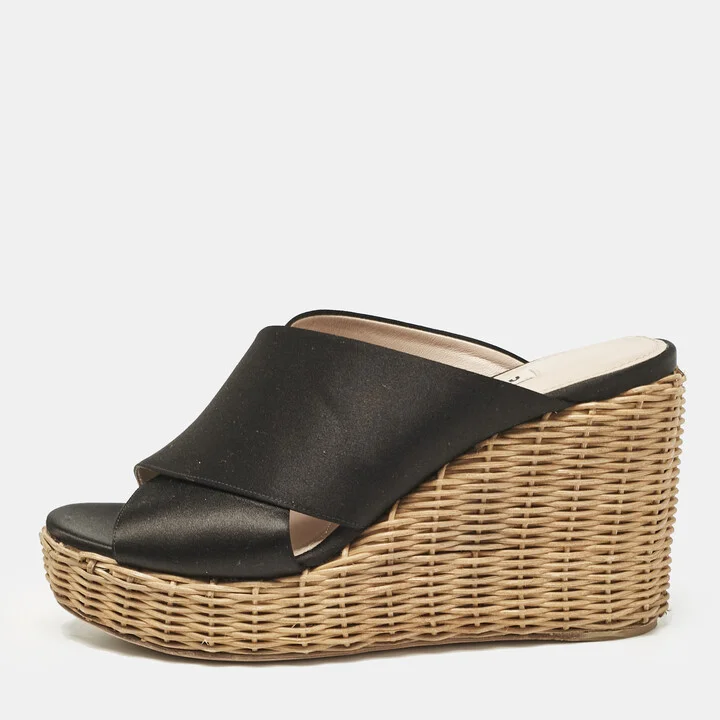 Miu Miu Black Satin Wedge Sandals Size 37.5