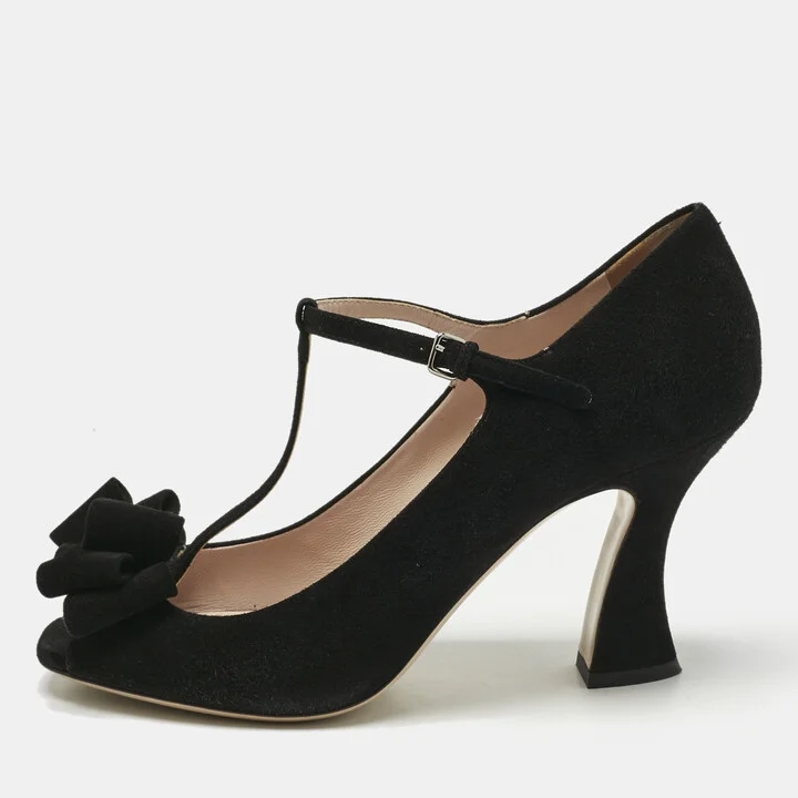 Miu Miu Black Suede Bow T Strap Peep Toe Pumps Size 40