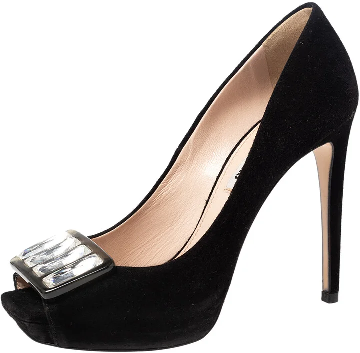Miu Miu Black Suede Crystal Embellished Peep Toe Platform Pumps Size 37