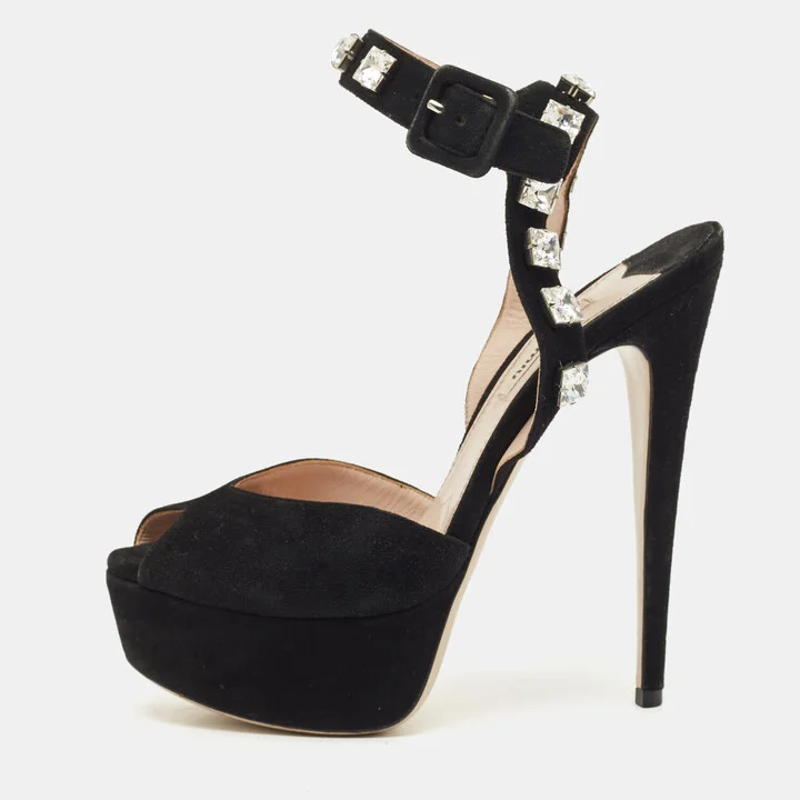 Miu Miu Black Suede Crystal Embellished Platform Ankle-Strap Sandals Size 37.5