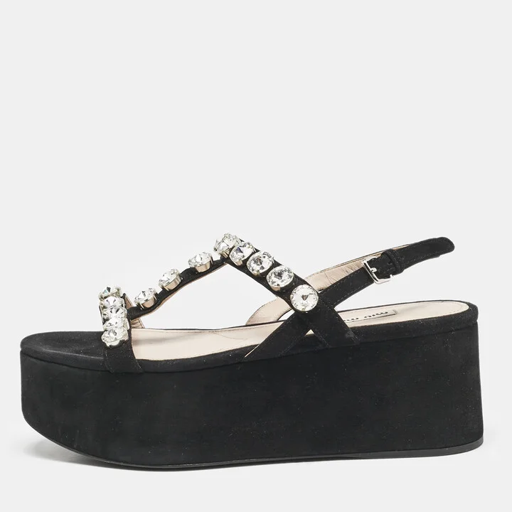 Miu Miu Black Suede Crystal Embellished Platform Sandals Size 39