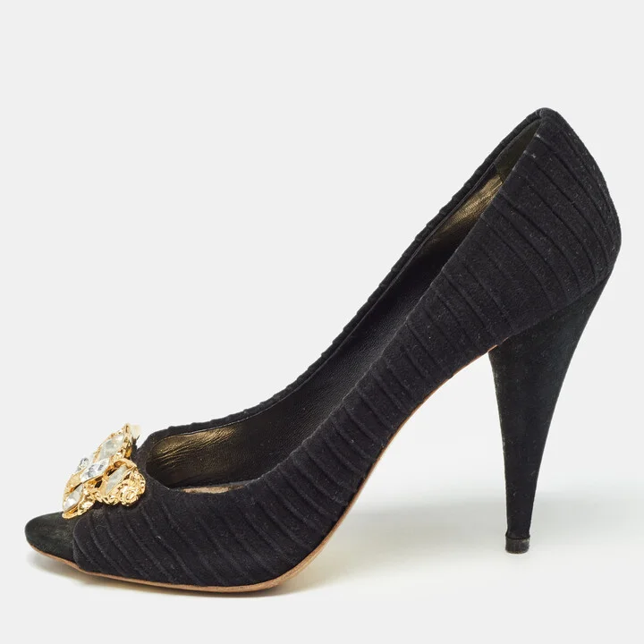Miu Miu Black Suede Crystals Embellishment Peep Toe Pumps Size 41
