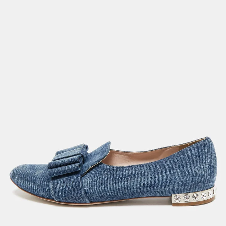 Miu Miu Blue Denim Bow Crystal Embellished Smoking Slippers Size 39