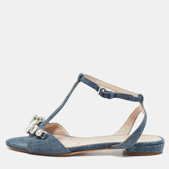 Miu Miu Blue Denim Crystal Embellished Ankle Strap Flat Sandals Size 35.5