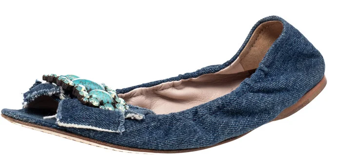 Miu Miu Blue Denim Crystal Embellished Ballet Flats Size 37