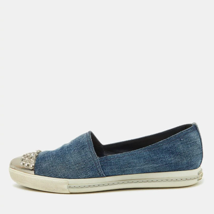 Miu Miu Blue Denim Crystal Embellished Cap Toe Slip On Sneakers Size 37