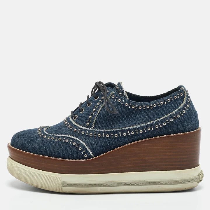 Miu Miu Blue Denim Wedge Platform Oxfords Size 38.5