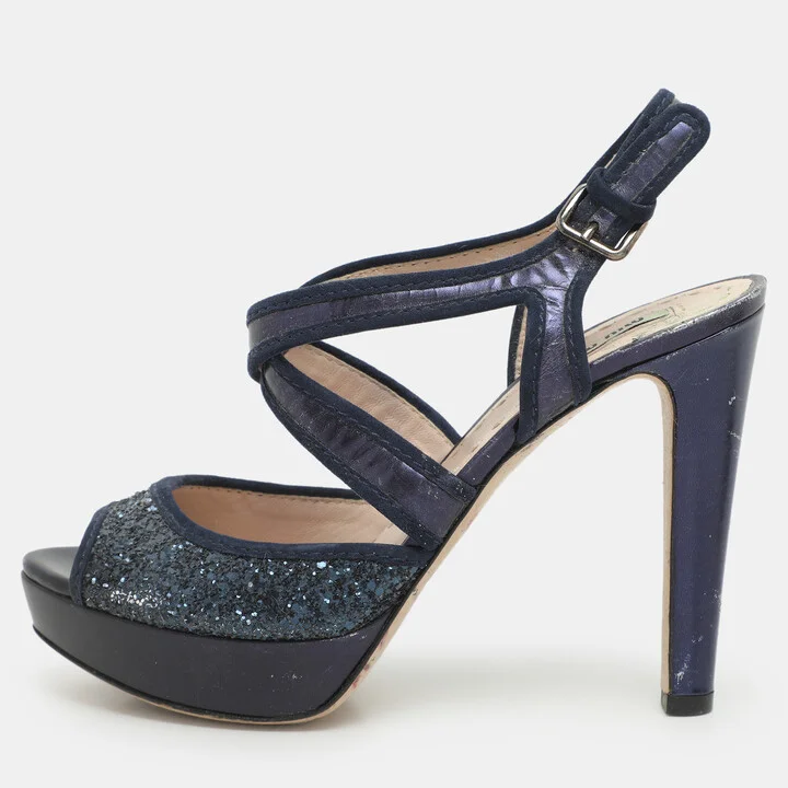 Miu Miu Blue Glitter and Velvet Ankle Strap Sandals Size 38.5