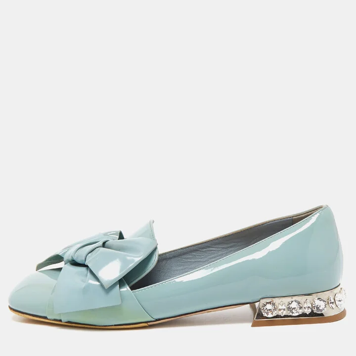 Miu Miu Blue Patent Leather Crystal Embellished Bow Smoking Slippers Size 35
