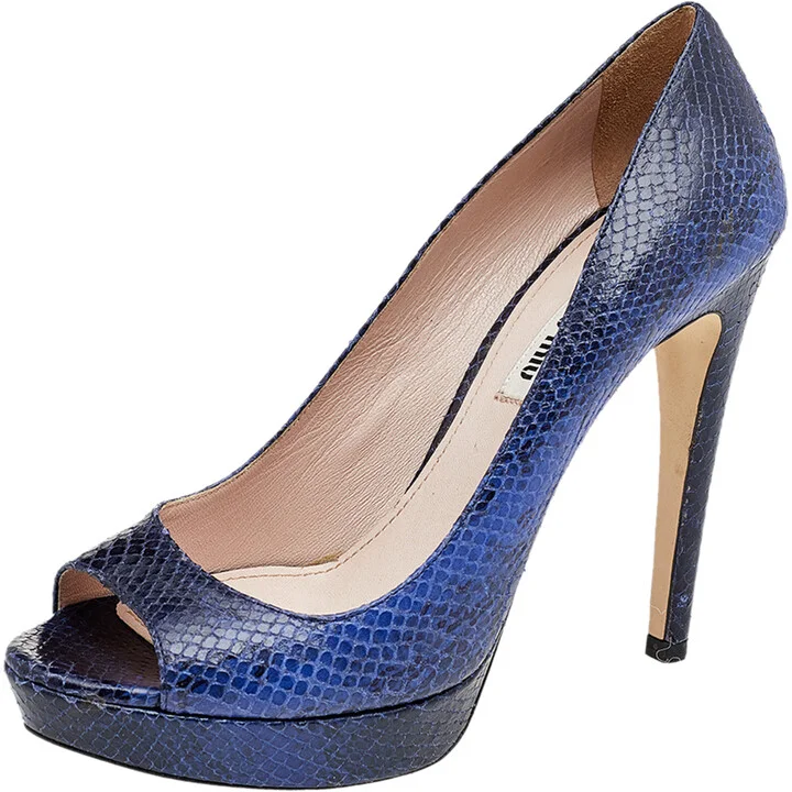 Miu Miu Blue Python Embossed Leather Peep Toe Platform Pumps Size 37.5