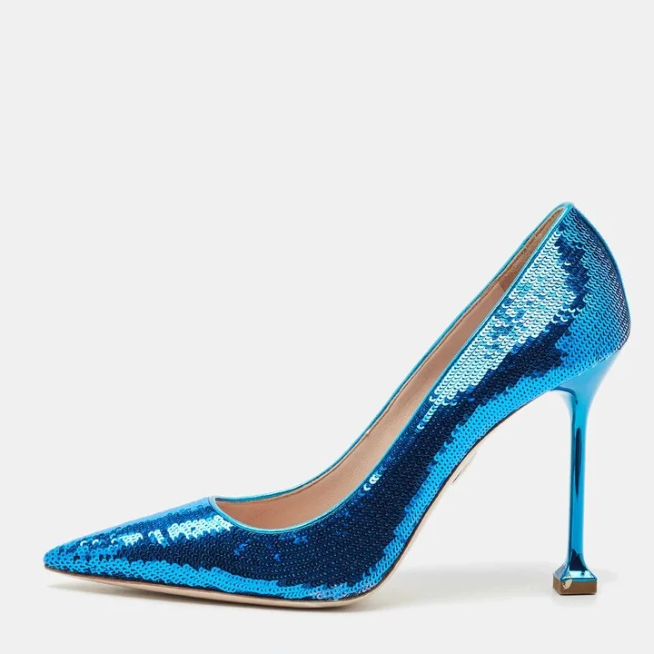 Miu Miu Blue Sequin Embellished Pointed Toe Pumps Size 37.5