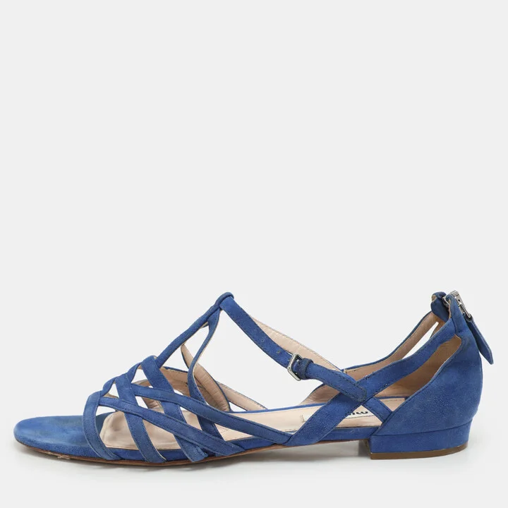Miu Miu Blue Suede Buckle Detail Strappy Flat Sandals Size 38