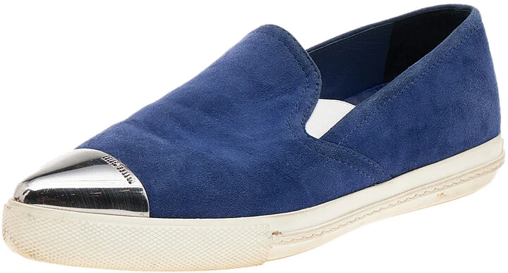 Miu Miu Blue Suede Metal Cap Toe Slip On Sneakers Size 36