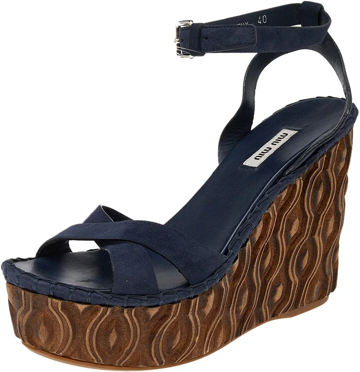 Miu Miu Blue Suede Wedge Platform Ankle Strap Sandals Size 40