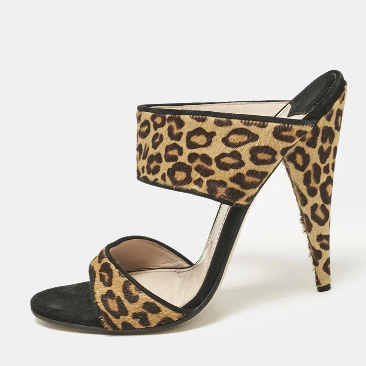 Miu Miu Brow Leopard Print Calf Hair and Suede Slide Sandals Size 38