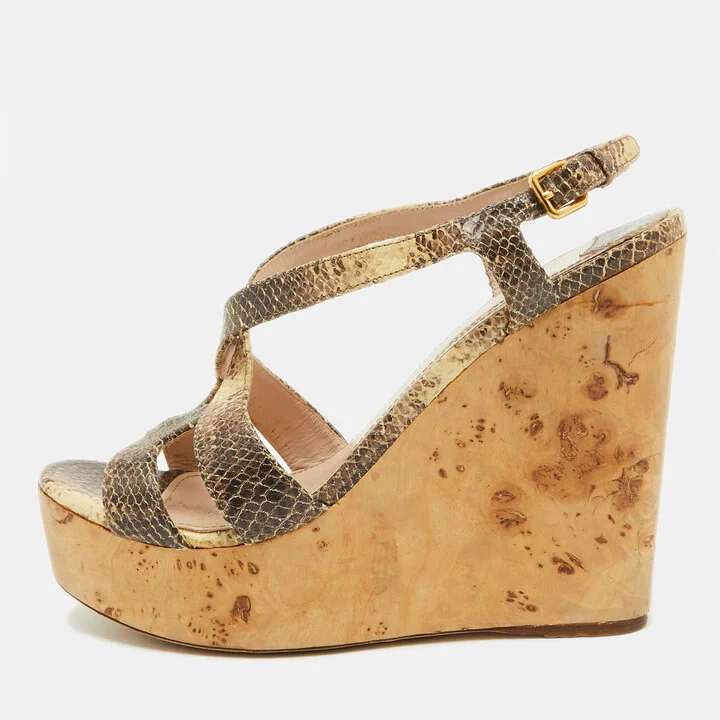 Miu Miu Brown/Cream Python Embossed Leather Platform Wedge Sandals Size 38
