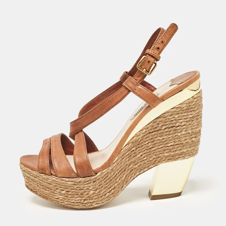 Miu Miu Brown Leather Wedge Sandals Size 37.5