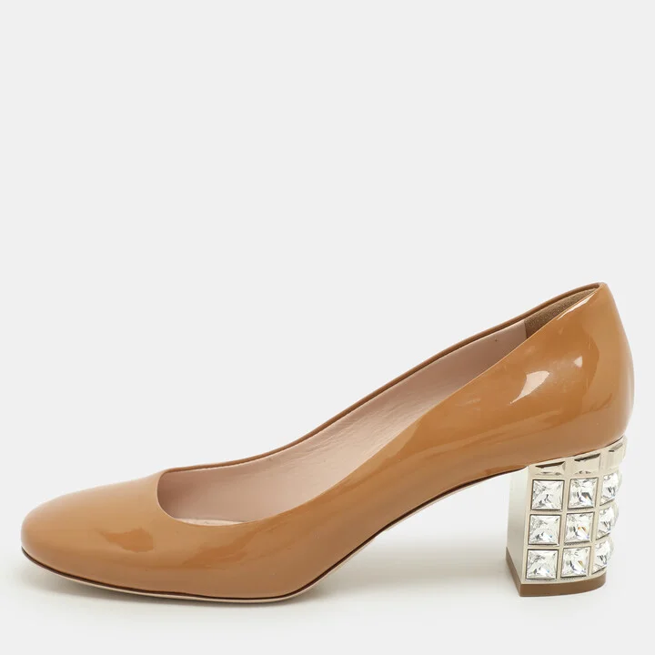 Miu Miu Brown Patent Leather Crystal Embellished Block Heel Pumps Size 39.5