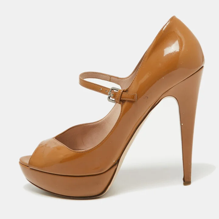 Miu Miu Brown Patent Leather Open Toe Platform Pumps Size 40