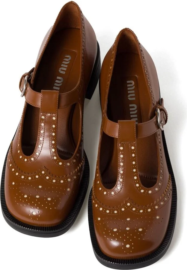 Miu Miu Brushed Leather T-Strap Brogue Shoes - Image 4