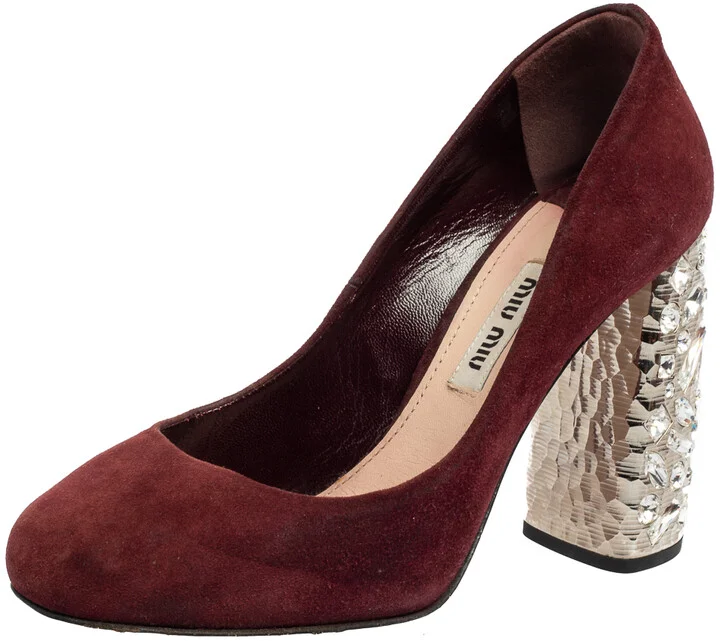 Miu Miu Burgundy Suede Crystal Embellished Block Heel Pumps Size 35