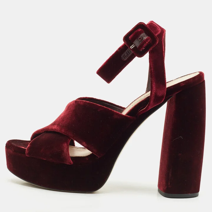 Miu Miu Burgundy Velvet Platform Criss Cross Ankle Strap Sandals Size 38.5