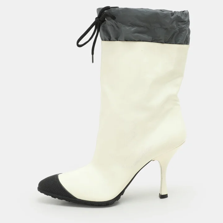 Miu Miu Cream/Grey Patent Leather and Nylon Ankle Length Boots Size 41