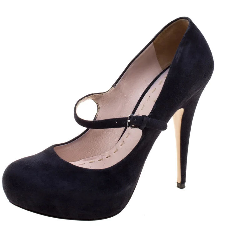 Miu Miu Dark Blue Suede Mary Jane Pumps Size 39