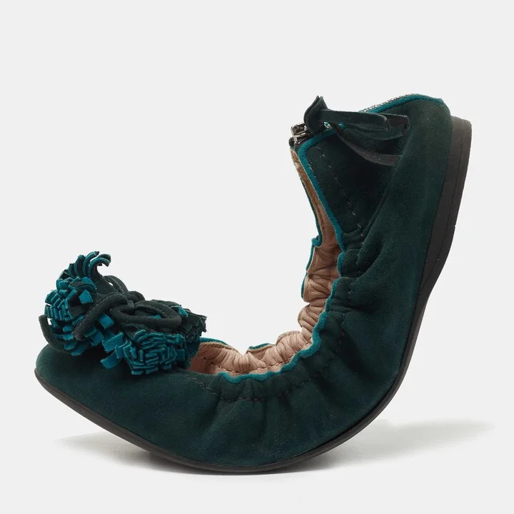 Miu Miu Dark Green Suede Fringe Bow Scrunch Ballet Flats Size 38
