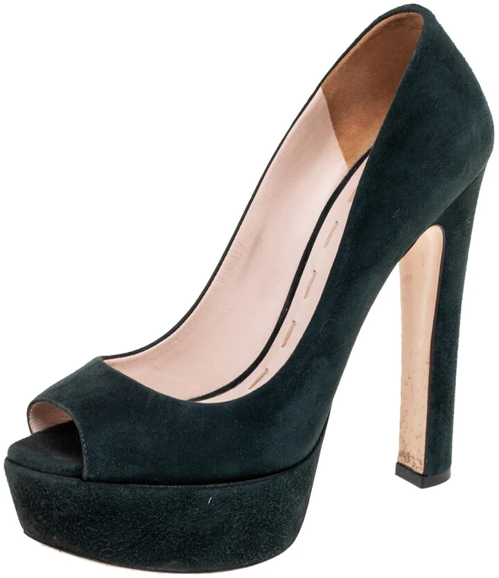 Miu Miu Dark Green Suede Peep Toe Platform Pumps Size 36