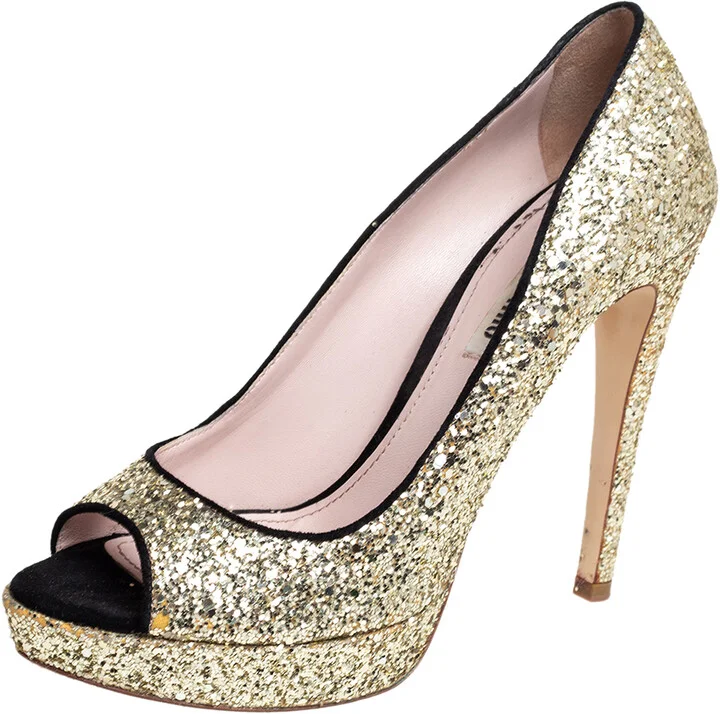 Miu Miu Gold/Black Glitter And Suede Peep Toe Platform Pumps Size 38