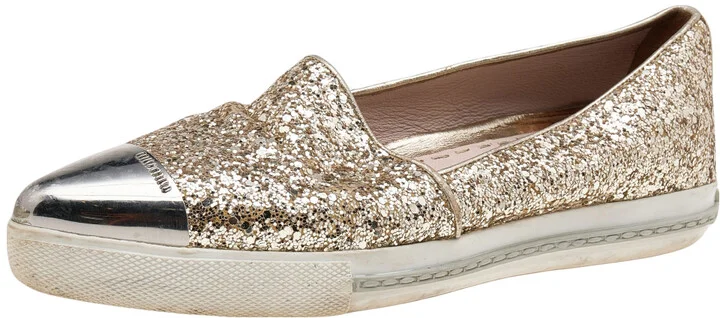 Miu Miu Gold Glitter And Metal Cap Toe Slip On Sneakers Size 35