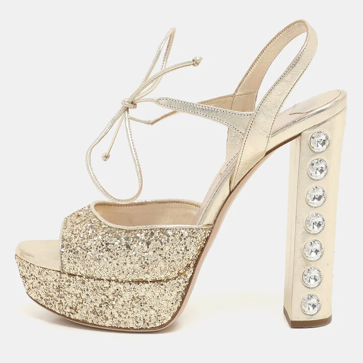 Miu Miu Gold Glitter Ankle Tie Platform Pumps Size 38