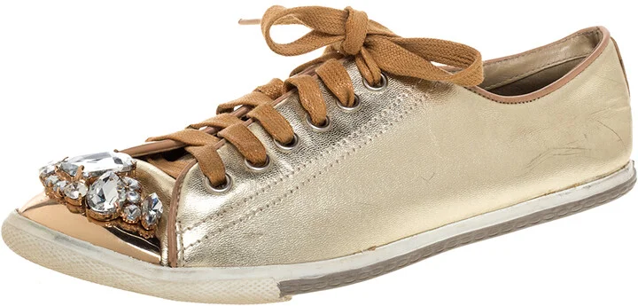 Miu Miu Gold Leather Crystal Embellished Cap Toe Sneakers Size 38