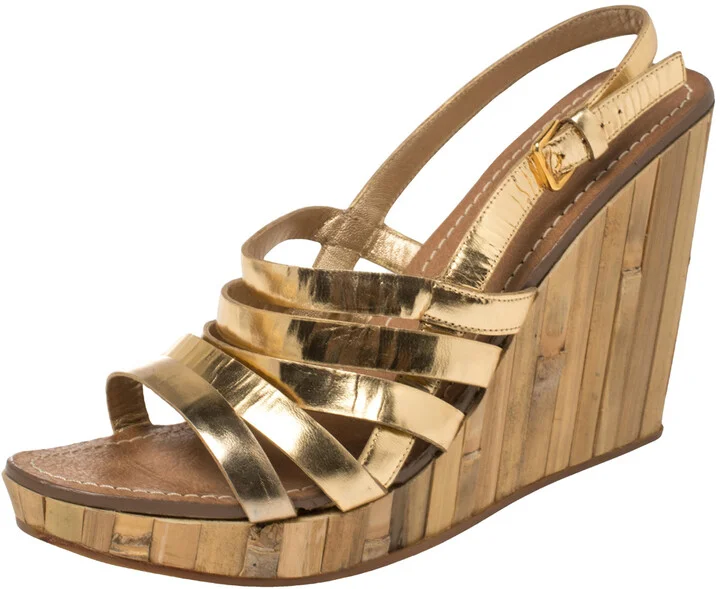 Miu Miu Gold Leather Panel Bamboo Wedge Sandals Size 40