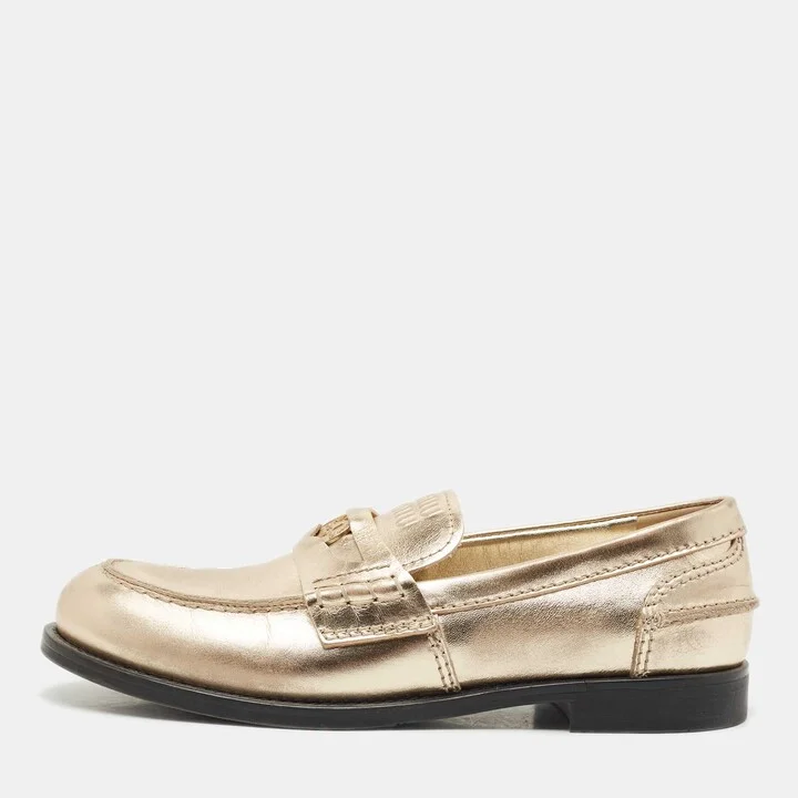 Miu Miu Gold Leather Penny Loafers Size 38.5