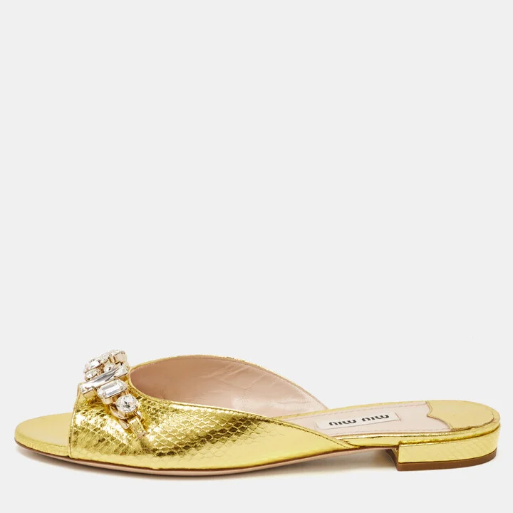 Miu Miu Gold Snakeskin Embossed Leather Bow Flat Sandals Size 36