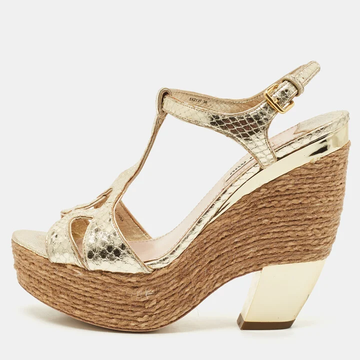Miu Miu Gold Snakeskin Embossed Patent Leather Cut Out Platform Sandals Size 38