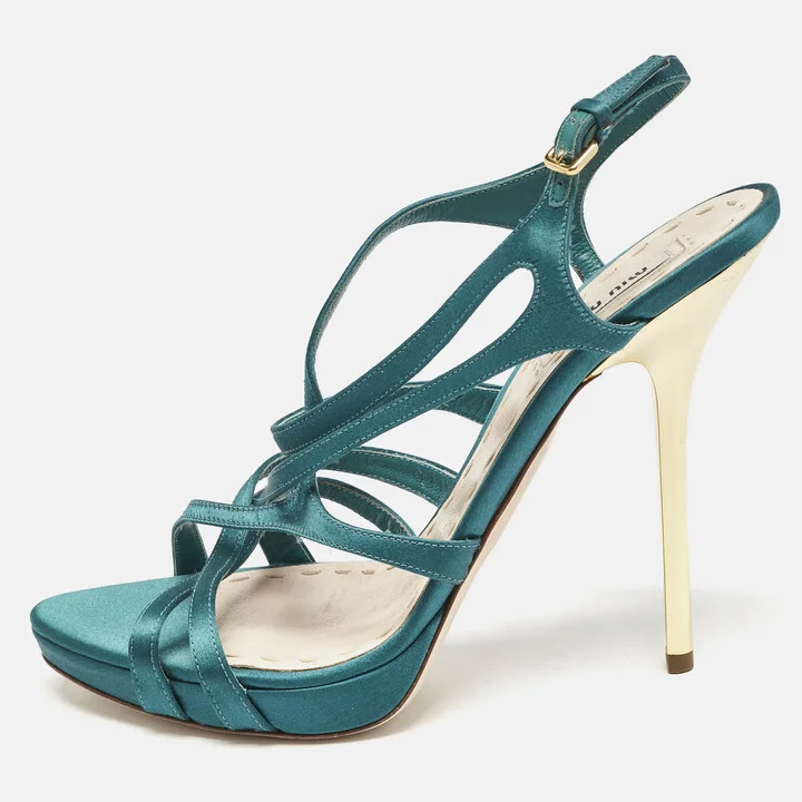 Miu Miu Green Satin Crisscross Ankle Strap Sandals Size 40.5