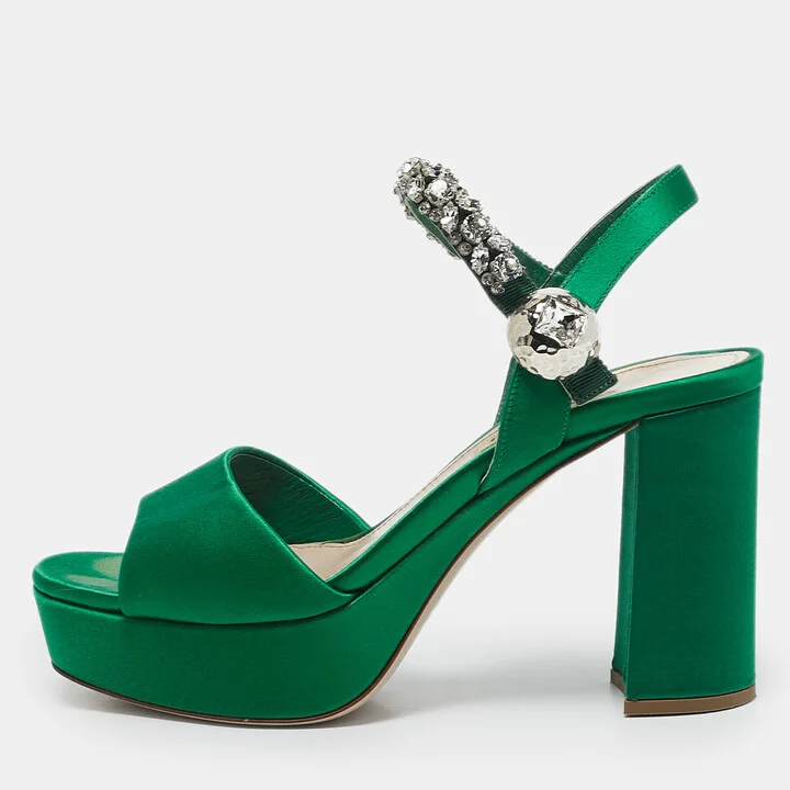 Miu Miu Green Satin Crystal Embellished Ankle Strap Block Heel Platform Sandals Size 38