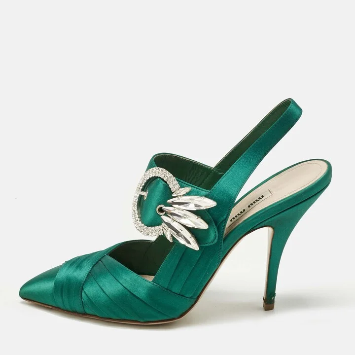 Miu Miu Green Satin Crystal Embellished Donna Slingback Pumps Size 37