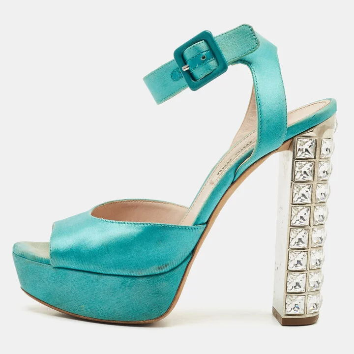 Miu Miu Green Satin Crystal Embellished Heel Ankle Strap Sandals Size 37