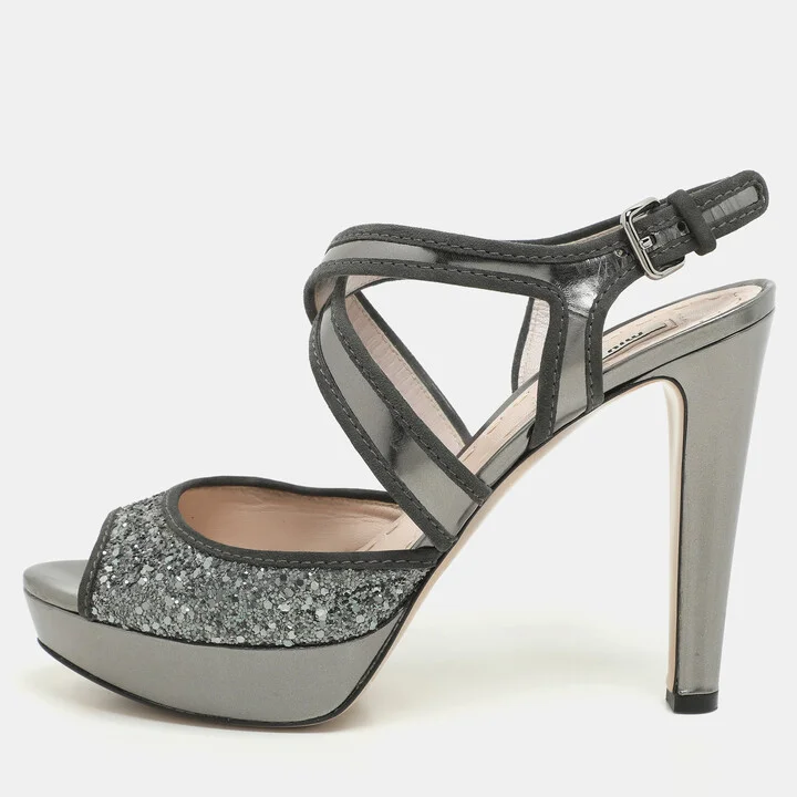 Miu Miu Grey Glitter and Leather Criss Cross Platform Pumps Size 40.5