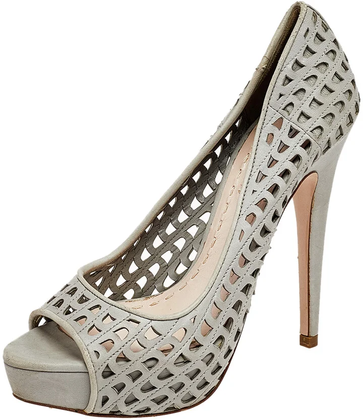 Miu Miu Grey Laser Cut Leather Peep Toe Platform Pumps Size 37